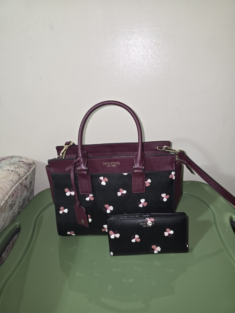 Kate Spade  Black & Burgundy Floral Satchel and Wallet Set